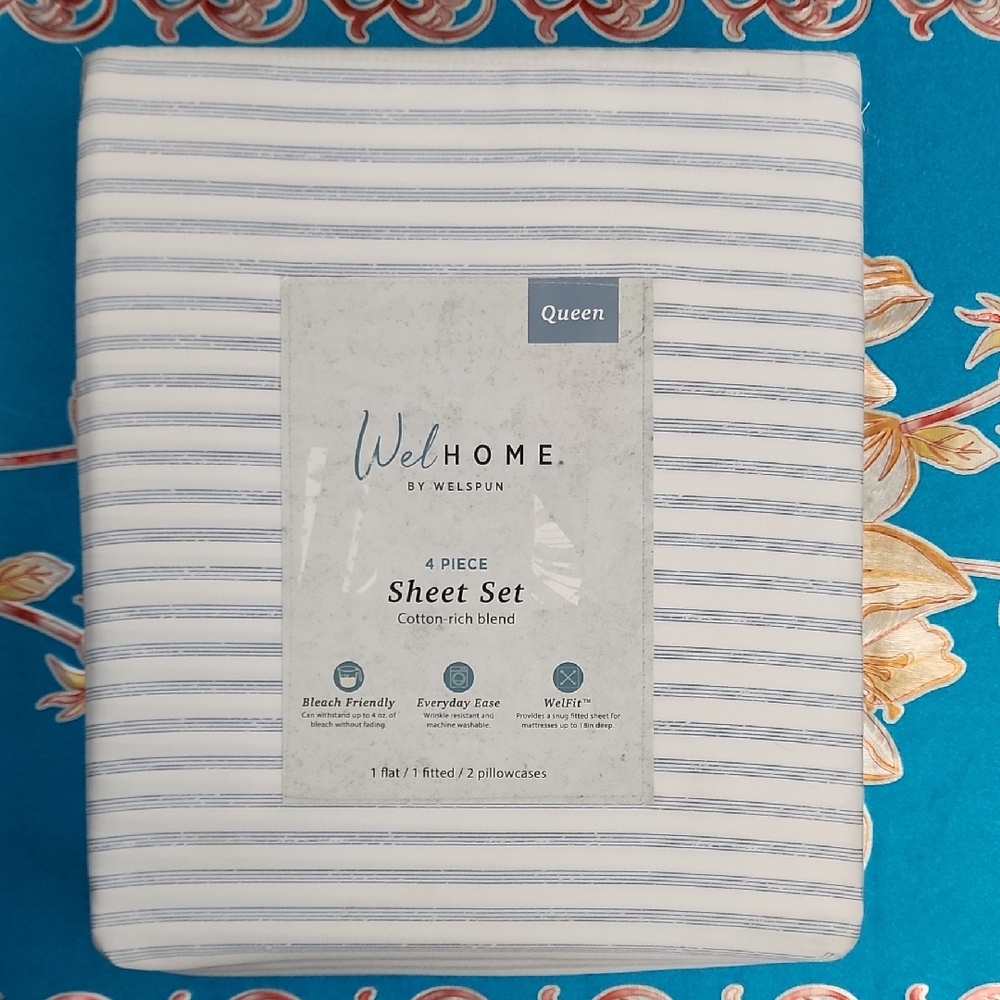 NEW! WelHOME 4-Piece Queen Blue And White Striped Sheet Set